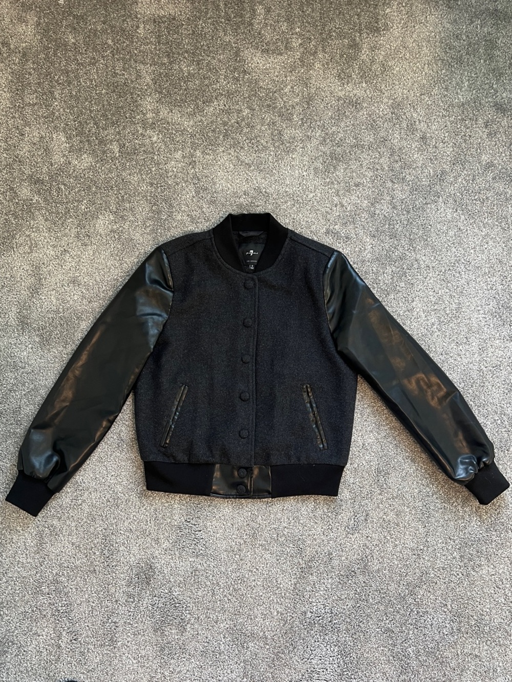 7 For All Mankind Black Varsity Jacket Faux Leather Sleeve Bomber Coat Women’s S